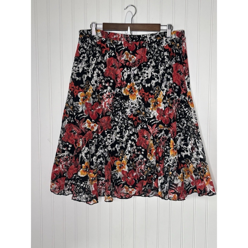 Christopher & Banks Skirt LG‎ Black Red Floral Mesh Lined Ruffle Hem Retro Y2K